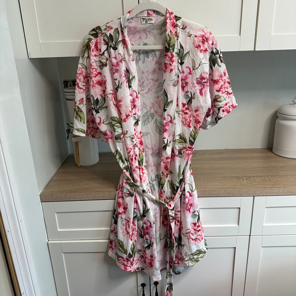 Show Me Your Mumu Robe Womens O/S Pink Floral Peony Short Sleeve Wrap Belted